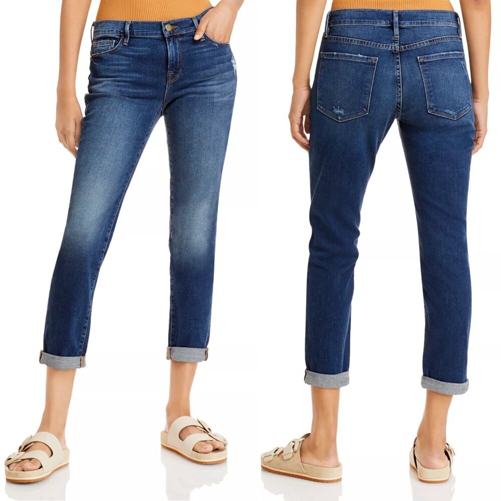NWT New $220 FRAME Le Garcon Mid Rise Distressed Jeans in Azure Size 24